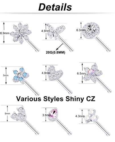 Tornito 9Pcs Nose Rings Stud L Bone Screw Shaped Nose Ring Flower CZ Snowflake Butterfly Screw Nose Stud Body Piercing Jewelry for Women Men 20G Silver Gold Rose Gold Tone4