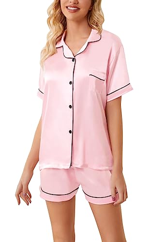 Schbbbta Pajamas Set for Girls Silk Button Down Pjs Satin Short Sleeve Sleepwear 2 Piece Lounge Sets, Pink, 9-10 Years4