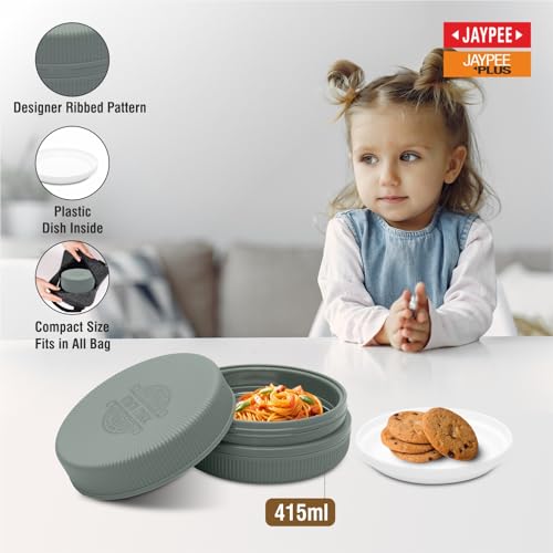 Image of JAYPEE Mini Max Lunch Box for School, Office, Ideal for Snacks and Meal, Keeps Food Hot & Fresh Insulated Stainless Steel Inner with Plastic Dish Inside for Office, College and Picnic, Green, 415 ml