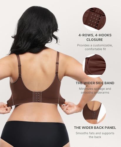 Image of SHAPELLX Stretchy Bra Wireless Comfy Bralatte Lounging Everyday Bra Brown L | No wire, light support, unpadded, 4-row hook, comfort, breathable, seamless, back smoothing, for lounge sleeping daily wear