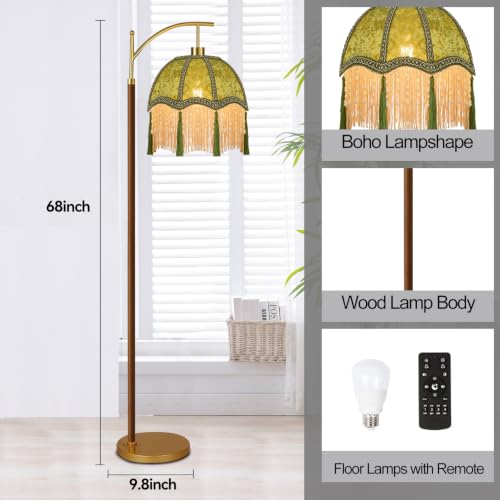 Image of Wood Floor Lamps for Living Room Arc Boho Floor Lamp with Remote Control &3 Color Temperature,Vintage Green Floor Lamp Flower Mid Century Modern Standing Lamp Fringe Tall Floor Lamp for Bedroom Corner