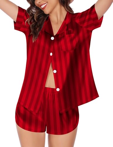 SWOMOG Couple Satin Matching Pajamas Sets Women & Men Short Sleeve Sleepwear Silk Button Down Nightwear 2 Pieces Loungewear4