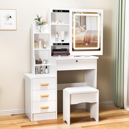 Générique Coiffeuse avec Miroir Coulissant et Éclairage LED, Coiffeuses de Chambre à Coucher, Coiffeuse avec Miroir et Tabouret, 4 Tiroirs et 3 Étageres,...