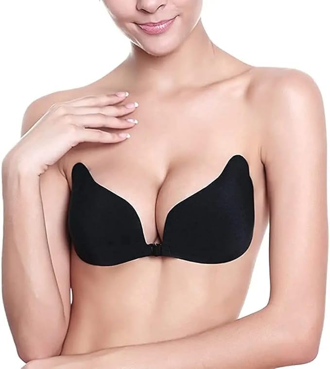 kosweem Wing Bra Silicon Front Buckle Push- up Breathable Backless Self - Adhesive Sticky Invisible Bra (Black)-picture-24