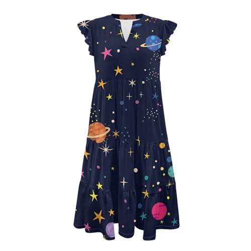 Image of Womens Summer Dress Ruffle Sleeve V Neck Dress Casual Fit Flowy Beach Vacation Sundress with Pocket S-2XL