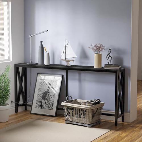 Image of Aquzee Console Table with 2 Power Outlet and 2 USB Ports, 70.9 inch L x 11.8 inch W x 31.5 inch H Steel Frame Narrow Behind Couch Sofa Table, Extra Long Black Entryway Table