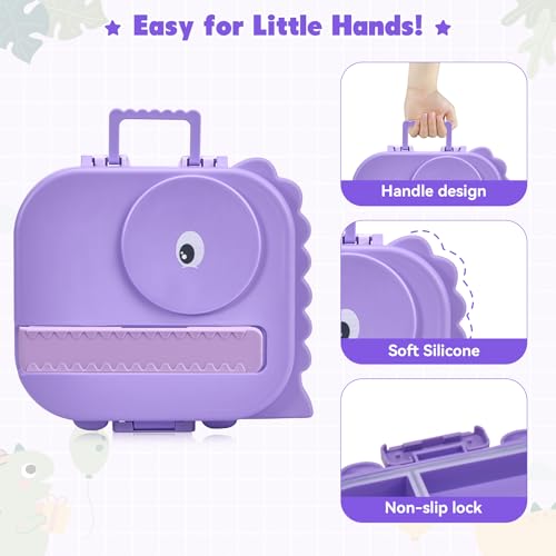 Image of Pawtong Bento Lunch Box with Thermo, 4-Compartment Bento Box with Adjustable Dividers, Leakproof Dinosaur Lunch Box with 14.2OZ Insulated Food Jar & Sauce Jar, for School Office Travel (Purple)