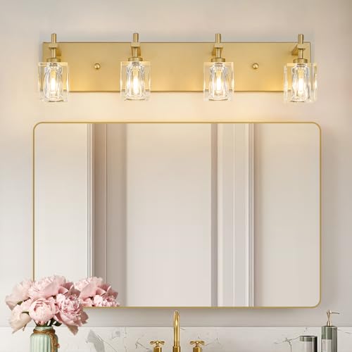 Image of VitaLink 24-Inch Vanity Light Gold Crystal Bathroom Vanity Light Over Mirror 4-Light Wide Backplate Modern Wall Light for Bathroom Living Room