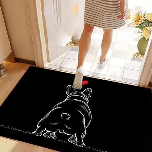 Fußmatten Für Den Innenbereich, Französische Bulldogge Maschinenwaschbar 50 X 80 cm, Weich Saugfähig Fußmatten, Mit Rutschfester Rückseite Fußmatte Schwarz Einfacher Animalprint