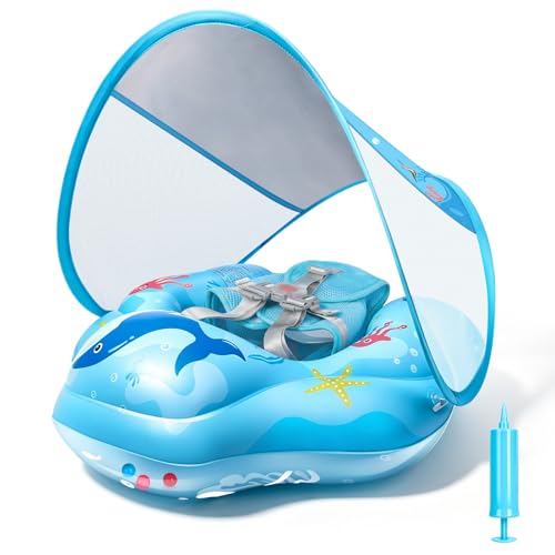 IEEILULU Flotador Bebe con Sombrilla, Flotador Bebe Inflable con Asiento, Anillo de Natación para Bebé con Pegatina de Reparación para Piscina, Playa y Vacaciones 6 36 Meses (Azul)
