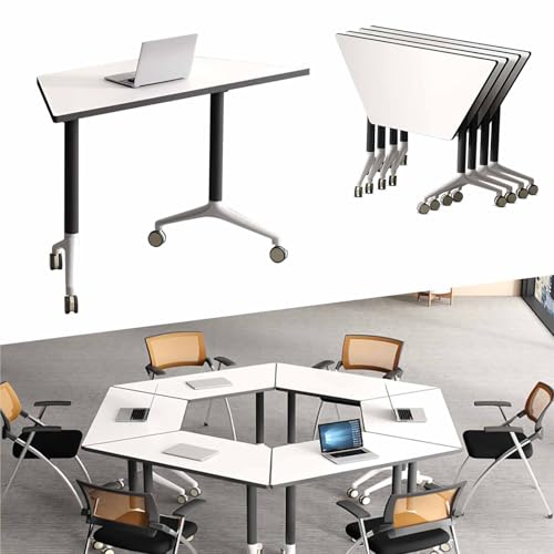 Widppsopt Foldable Conference Table, Flip Top Mobile Meeting Training Table, Modern Boardroom Desk with Silent Locking Wheels Foldable Trapezoid Seminar Desk for Office Conference, Meeting Room