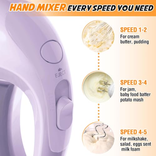 Image of Showvigor Electric Hand Mixer with 5 Stainless Steel Whisks,5 Speed,Violet