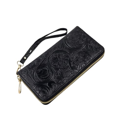 Carteira feminina clutch com zíper duplo em torno do porta-cartão de crédito carteira feminina de couro grande capacidade, Preto, Large, Preto