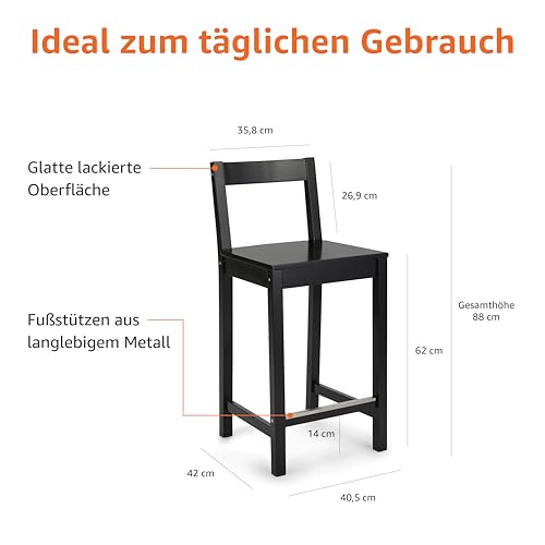 Amazon Basics Küchenhocker aus Holz, Barhocker mit Rückenlehne, Esszimmerstuhl, einfache Montage, modern, 2 Stück, 88 cm hoch, Schwarz