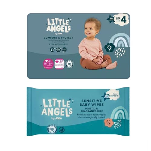 Little Angels Size 4 Nappies 48 Pack + 60 Fragrance Free Baby Wipes