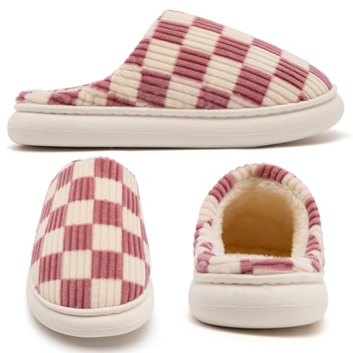 Image of Yueerlu House Slippers for Women Men, Fuzzy Checkered Mens Womens Slippers Warm Memory Foam House Shoes Indoor Outdoor with Faux Fur Lining