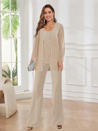BANTRATIC 3 Pieces Mother of The Bride Pant Suits for Women Chiffon Sequin Evening Formal Wedding Guest Dressy Pantsuits3
