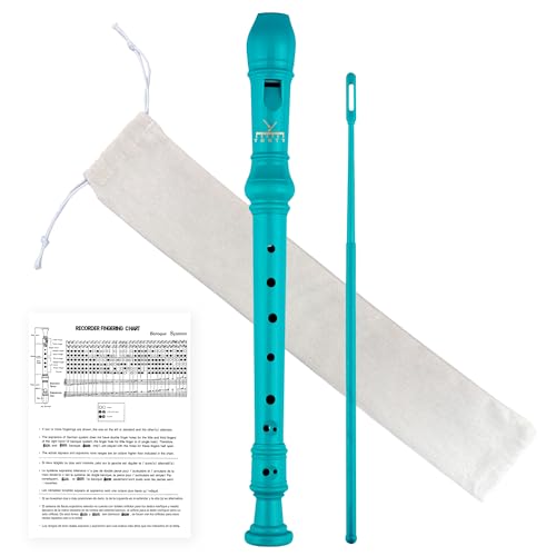YONTY Soprano Recorder 8-Hole Instrument for Beginners Kids Students, Baroque Style C Key Flute with Cleaning Rod & acking Bag for Education & Entertainment - Cyan