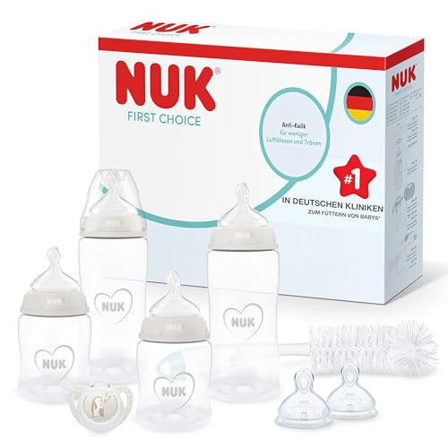 NUK First Choice Perfect Start Babyflaschen Geschenkset für Neugeborene | 06 Monate | 4 x Anti-Kolik-Trinkflaschen (150 ml 300 ml) 2 x Sauger 1 x Schnuller 1 x Flaschenbürste | Neutral | 8 Stück