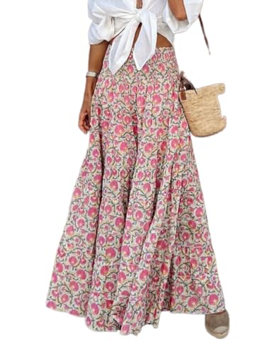 IDEALSANXUN Floral Skirts for Women Spring Summer Casual Flowy A Line Elastic High Waisted Boho Long Maxi Skirt