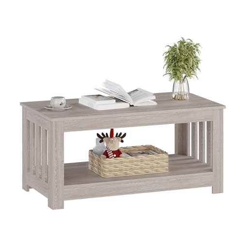 Wooden One Style Fits All Coffee Table – Gray Wash Coffee Table, 2-Tier Rectangular Unique Coffee Table for Living Room, Scratch & Water Resistant, Farmhouse, Easy Assembly, Gray
