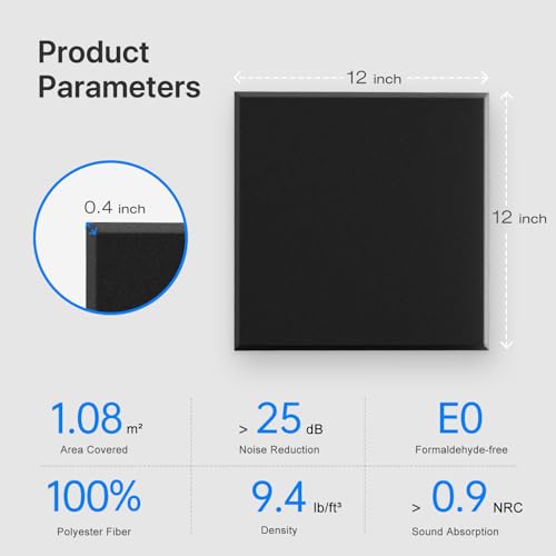 Image of Square Acoustic Wall Panels, Sound Absorbing Panels for Walls, Ceiling, Doors, 12 Pack 12 inchx12 inchx0.4 inch Self Adhesive Decorative Black Acoustic Tiles for Recording Studio, Office, Room, Home