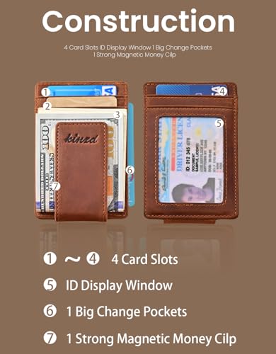 Money Clip, Front Pocket Wallet, Leather RFID Blocking Strong Magnet thin Wallet (one size,Khaki (Id Window Crazy Horse Leather))