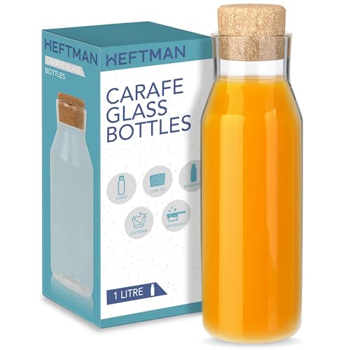 HEFTMAN Carafe Glass Bottle - 1 Litre Glass Bottle with Cork Lid, Clear Water Carafe for Hot & Cold Beverages, Reusable Fabric Softener Jars, Laundry Detergent Storage Jar with Stopper (1 Pack)