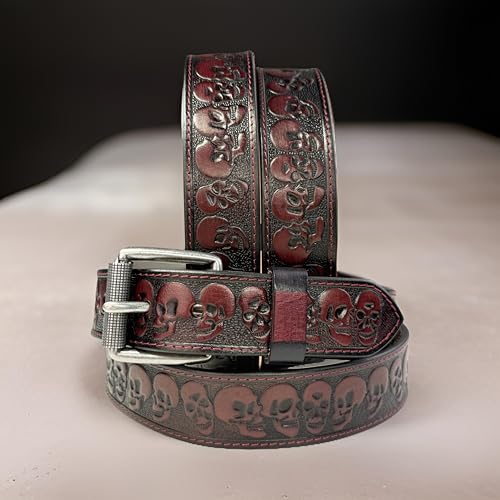 Scull Biker Leather Belt for Men Handmade Full Grain Cowboy Cowgirl Leather Belt 1.5” Wide Engraved Embossed Tooled4