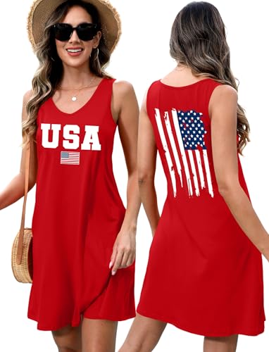 Image of LHBNK 4th of July Dress for Women: American Flag Tank Dresses Star Striped Splicing Loose V Neck Sundresses