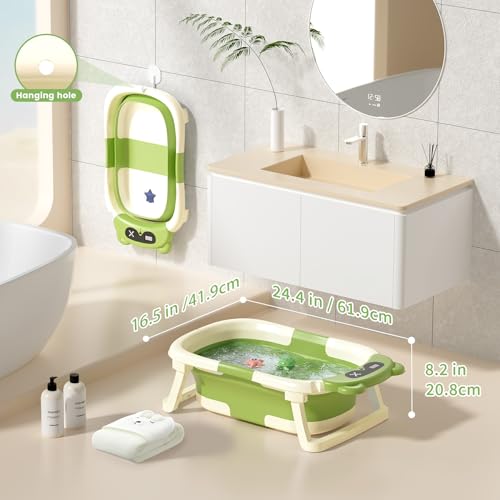 Image of Collapsible Baby Bathtub for Newborn to Toddler (0-18 Months) - Foldable Baby Bath Tub with Soft Towel, Newborn& Infant Bathtub for Travel and Outdoor, Green