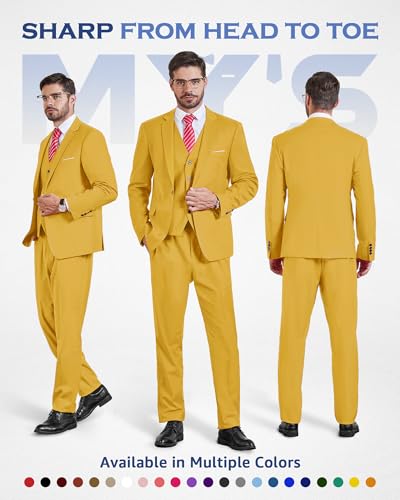 MY’S Men's 3 Piece Suit Set with Tie, One Button Slim Fit Jacket Vest & Pants, Party Wedding Prom Blazer Waistcoat & Trousers