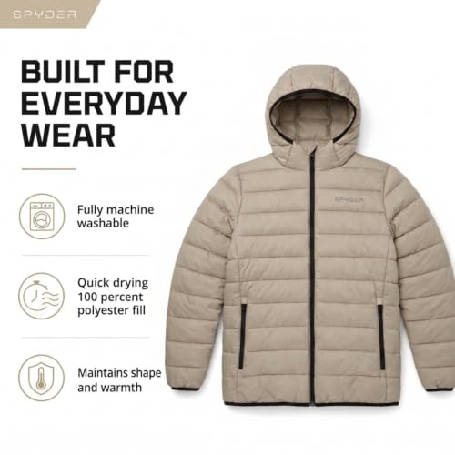 Image of Spyder Puffer Jacket Men - Packable Lightweight Quilted Hooded Winter Coat | Soft-touch insulation, packs into inner zip pocket, reversed coil zipper, zippered hand pockets