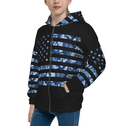Navy Camouflage American Flag Kids Pullover Hoodies Boys Zip Up Sweatshirts Girls Athletic Clothes with Pocket