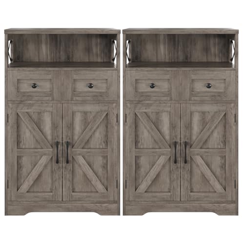 Befrases ファームハウス収納キャビネット 引き出しと棚付き 自立式キッチンパントリー収納キャビネット フロアハッチ食器棚 キッチン/リビングルーム/ホームオフィス用 ラスティックグレー 2個セット