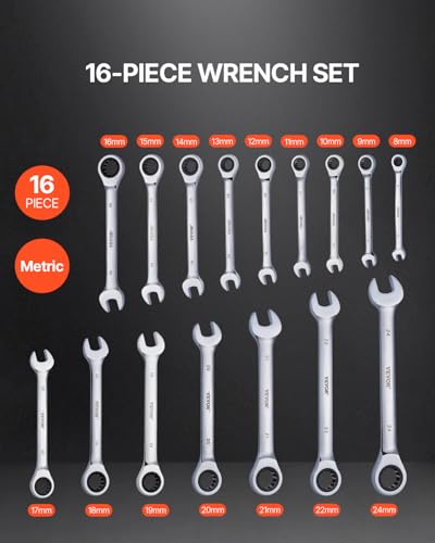 Image of VEVOR Combination Wrench Set, 16-Piece Ratcheting Wrench Set with Organizer Rack, Cr-V Steel, Metric 8 mm to 24 mm, Ideal for General Household, Garage, Workshop, Auto Repairs, Emergency