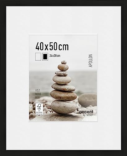 accent by nielsen Bilderrahmen mit Passepartout, 40 x 50 cm, Holz, Schwarz, Posterrahmen zum Aufhängen im Hoch- & Querformat, Echtglas, Apollon