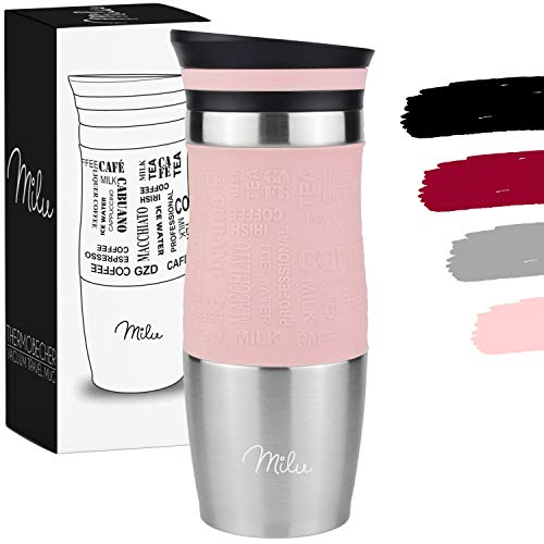 Milu Termo Taza 370ml, 450ml - Vaso Termico de Viaje - Café para Llevar - Taza de Viaje - Taza de acero inoxidable para beber - con aislamiento de doble pared (370ml, Rosa)