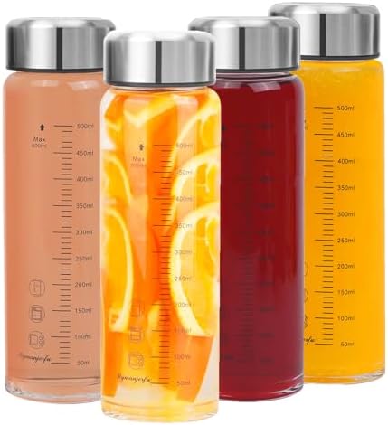 Glass Juice Bottles 4 Pack 20 oz - Wide Mouth Glass Water Bottles with Lids - for Juicing, Smoothies, Milk, Protein, BPA Free, Reusable, Stainless Steel Lids, Leak Proof, Shaker bottle (20oz/600ml)