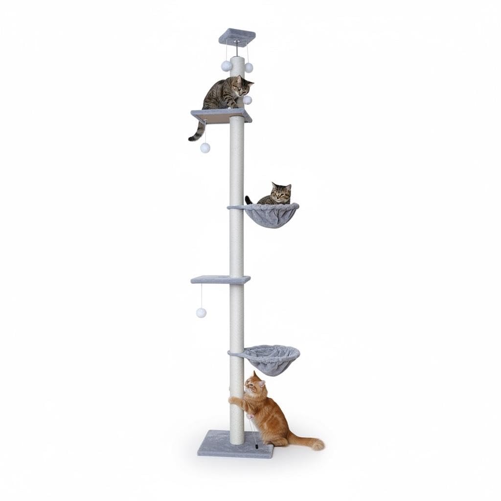 Árbol Rascador para Gatos de Suelo a Techo, Gris, 40x30x240-270cm, Poste de 6cm de Grosor con Tornillo de 8mm, Mueble Vertical con Plataformas y Hamacas