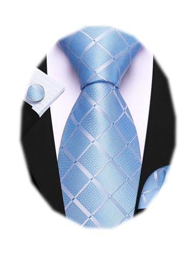 Image of Barry.Wang Plaid Ties for Men Silk Necktie Handkerchief Cuff Links Set