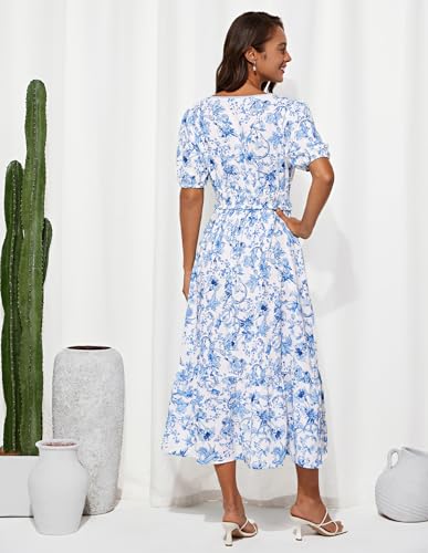 GRACE KARIN 2025 Women's Summer Floral Flowy A Line Midi Dresses Elegant Short Sleeve Smocked V-Neck Tiered Dresses3