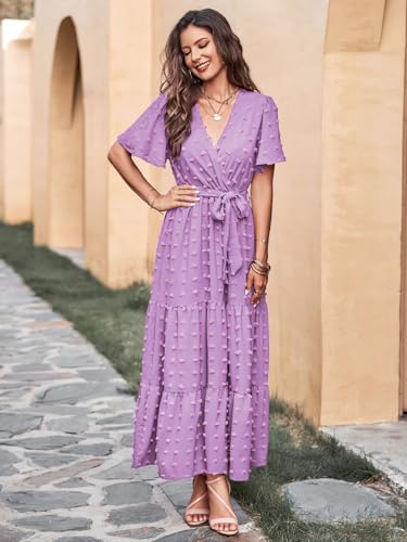 Image of MASCOMODA Women Boho Swiss Dot Maxi Dresses Wrap V Neck Flutter Short Sleeve Solid Tie Waist A Line Tiered Flowy Long Dresses