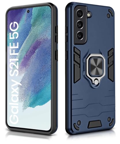 Image of WOW IMAGINE Shock Proof Back Case Mobile Cover for Samsung Galaxy S21 FE 5G | Back Cover Case (Tough Armor | Hybrid PC + TPU | Ring Holder & in-Built Kickstand | Blue)