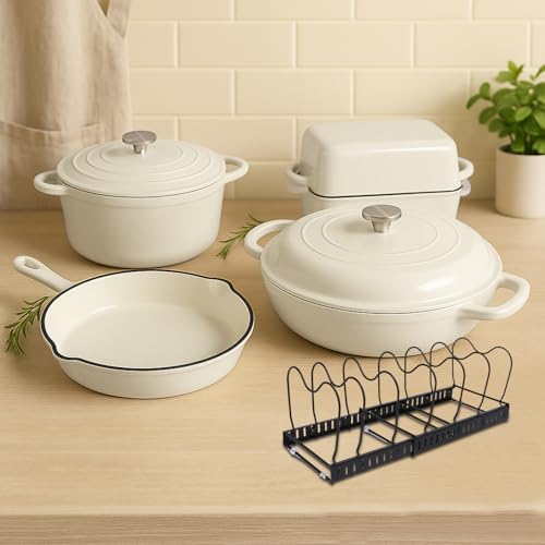 QuliMetal Enameled Cast Iron Cookware Set, 5-Piece – 2.3QT Dutch Oven, 4.7QT Braiser, 10