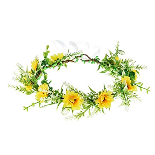 Green Leaf Flower Crown for Women Baby Breath Eucalyptus Floral Headband Wreath Headpiece (Yellow Sunflower)