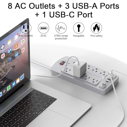 Image of Surge Protector Power Strip - Nuetsa Flat Plug Extension Cord with 8 Outlets and 4 USB Ports, 6 Feet Power Cord, 2700 Joules, ETL Listed, Grey