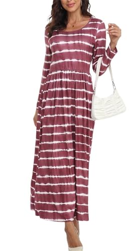 Image of Women's Long Sleeves Maxi Dress Plain Empire Waist Casual Dress Loose Fall /Winter Dresses with Pockets, Stripe Wine S