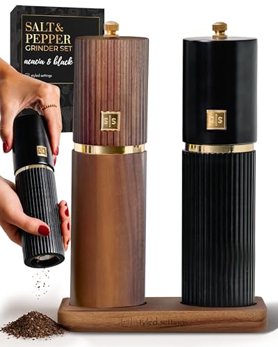 Wooden Salt and Pepper Grinder Set – Refillable Manual Salt and Pepper Mills with Adjustable Ceramic Burrs