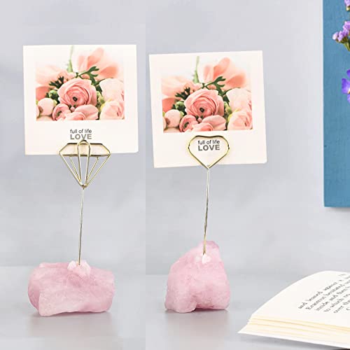 Nupuyai 2pcs Rose Quartz Natural Raw Stone Golden Stand Clip Photo Holders Set - Image 2